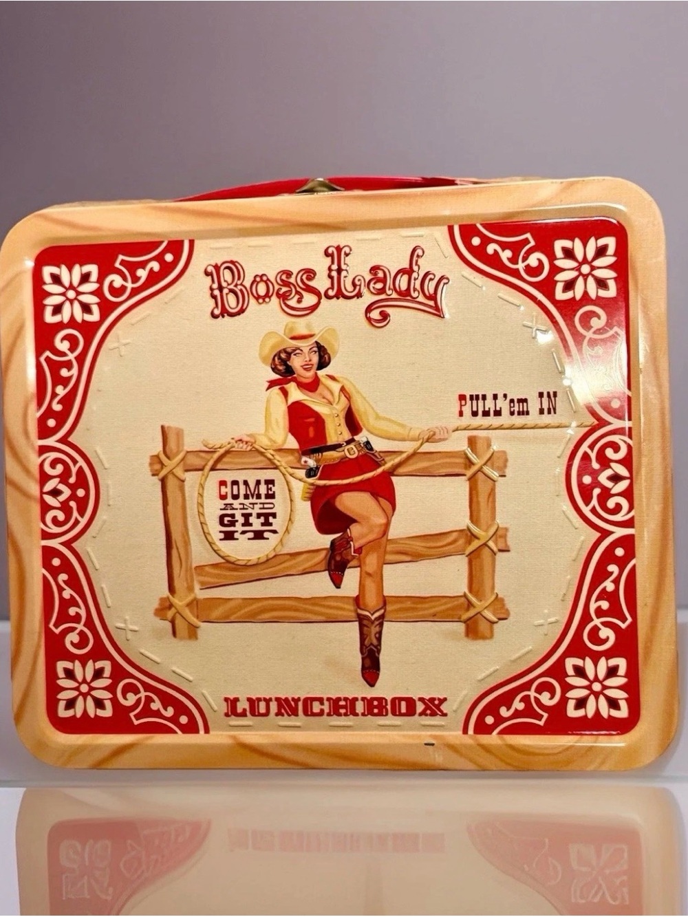 Red Retro Tin Lunchbox - Vintage Cowgirl Design NWT
